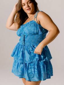 Aralina Curve Cut Out Blue Lace Tiered Lace-Up Ruffled Holiday Dress
