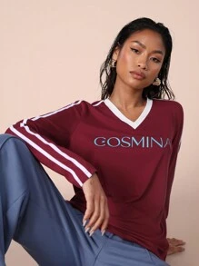 COSMINA Damen Herbst Buchstaben gestreiftes V-Ausschnitt Langarm Lässig T-Shirt