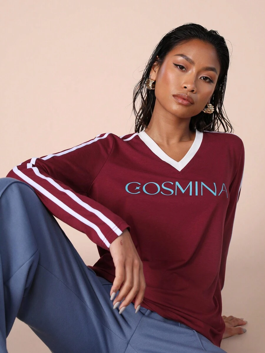 COSMINA Damen Herbst Buchstaben gestreiftes V-Ausschnitt Langarm Lässig T-Shirt