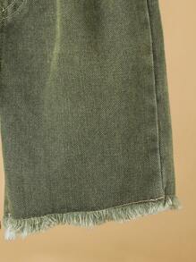 Conjunto de 3 piezas para niño pequeño: Camiseta blanca de cuello redondo clásica, chaleco vaquero con estampado verde lavado y pantalones cortos vaqueros con flecos, para edades de 4 a 7 años, vestimenta cómoda para uso diario en primavera/verano - Verde - Ver 6