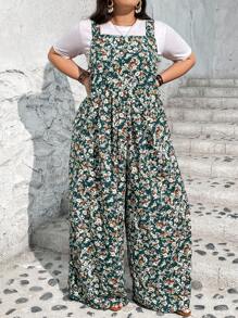 SHEIN CURVE+ Women's Plus Size Floral Print Jumpsuit, Vacation, Casual Boho Vacation
