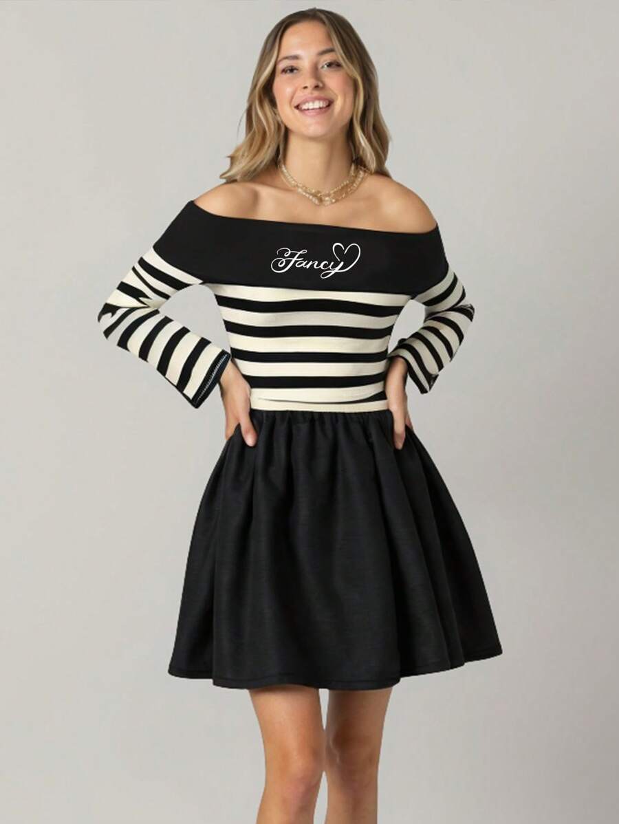 Le freak c est chic Artist Women's Fashionable Striped Print Sexy Off Shoulder Long Sleeve T-Shirt, Graphic Tee, Suitable For Party And Going Out, Vacation, Spring, Festival, Ibiza Fits, Western Wear - Multicolor - View 1