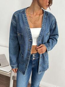 SHEIN Essnce Women's Front Button Long Sleeve Pocket Minimalist Casual Denim Jacket