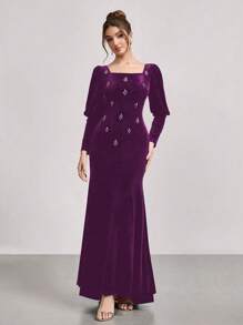 SHEIN Belle Rhinestone Embellished Velvet Long Sleeve Mermaid Dress, New Arrival Stage/Banquet/Party Slimming Gown, Wedding Guest Dress