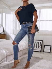 EMERY ROSE Damen Einfarbige Bluse mit schräg geschulterten kurzen Ärmeln, einfacher Lässig-Stil