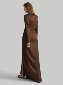 Ontre Women's Extra Long Dress With Slit And Pleating, Elegant Design - Brown - View 2