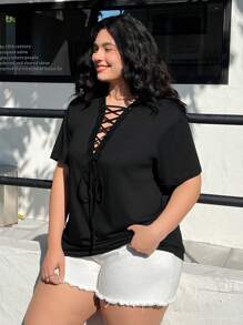 SHEIN EZwear Plus Lace Up Front Tee - Black - View 3