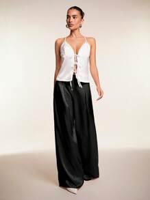 Glamine Women's Satin Wide Leg Pants, Shiny & Comfortable, Versatile, Black Wide Leg Parts, Black High Waisted Parts Fall Cloth For Women