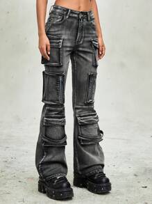 ROMWE Grunge Punk Wasteland Punk Style Multi-Pocket Distressed Washed-Effect Women Kpop Grey Versatile Flare Leg Jeans - Grey - View 2