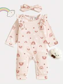 女婴可爱彩虹印花荷叶边长袖连体衣及发带，时尚舒适，适合所有季节，春秋季日常穿着，假日休闲皆宜 - 粉色 - 查看 4