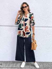 EMERY ROSE Women's Spring Geometric Print V-Neck Cuffed Sleeve Shirt And Pants Casual Loose Suit - Multicolor - View 6