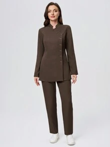 Scrubzie 2pcs Women Scrub Uniform Set Including Stand Collar Long Sleeve Top And Pants, Wrinkle Resistant - Brown - View 8