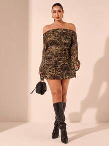 SHEIN X Phaith Montoya SHEIN BAE 大码女式豹纹虎纹露肩喇叭袖连衣裙，适合咆哮的20多岁、茶会、情人节、办公室、新年派对、性感俱乐部、节日派对、端庄、迷你连衣裙、夏季、文艺复兴、除夕夜、西部、乡村音乐会、工作、迪斯科、度假、商务、晚会 - 彩色 - 查看 4