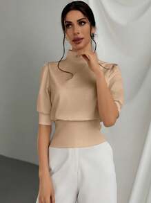 Firerie Women's Solid Color Stand Collar Waist Cinched Bubble Sleeve T-Shirt, Elegant And Suitable For Going Out In Spring And Summer