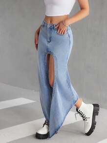 SHEIN EZwear 女式休闲前扣口袋开衩牛仔 A 字裙，简约设计 - 藍色 - 查看 4