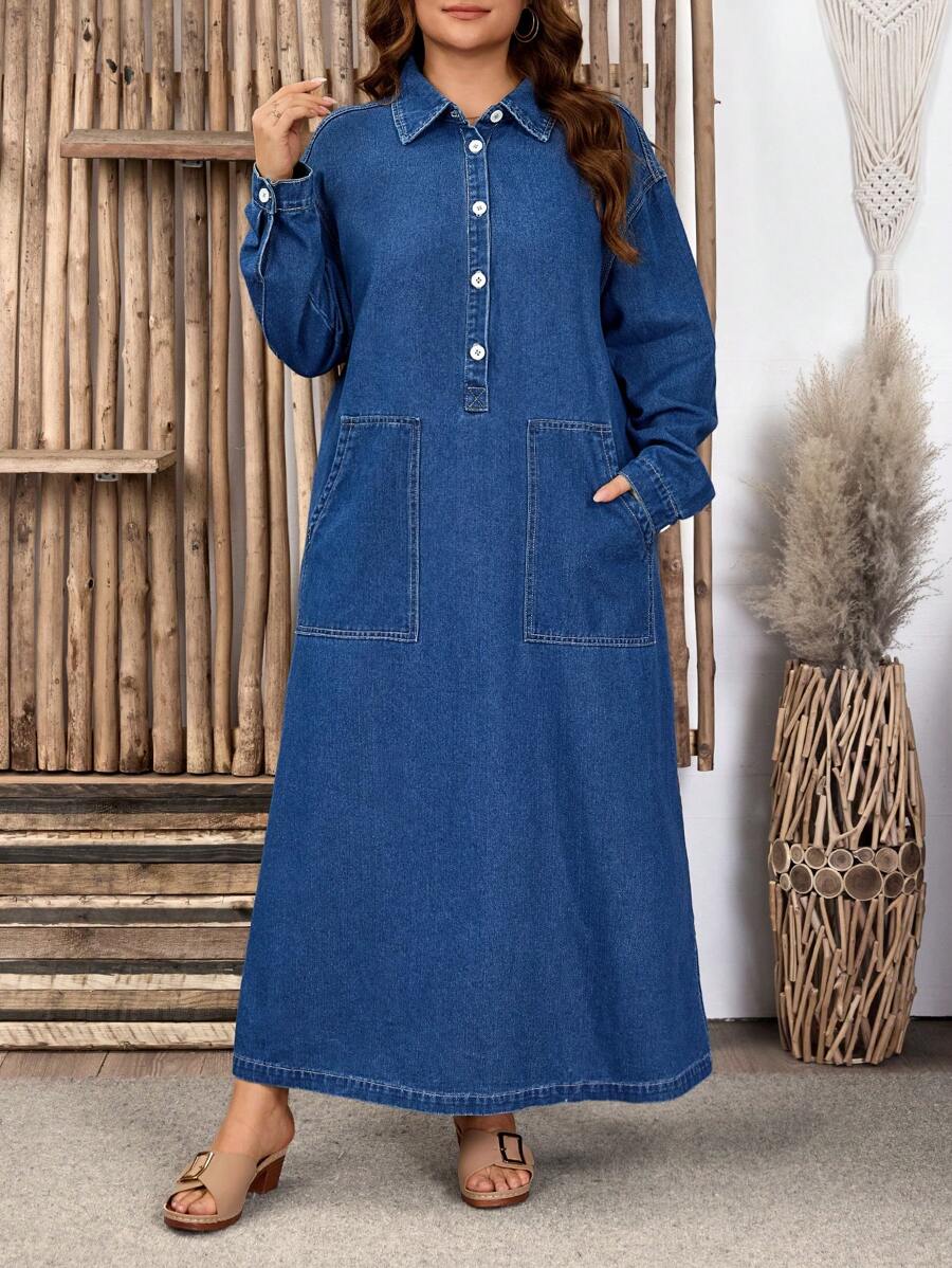 SHEIN LUNE Plus Size Front Button Long Sleeve Pocket Simple Long Denim Dress - Dark Wash - View 1