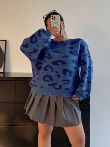 Flirla 大码豹纹宽松针织落肩圆领毛衣，秋冬针织套头衫 - 藍色 - 查看 5