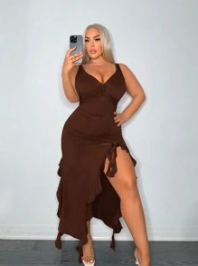 SHEIN SXY Falda ajustada de diseño de corte asimétrico con dobladillo de volantes y abertura lateral de nicho sexy para tallas grandes en verano - Marrón - Ver 7