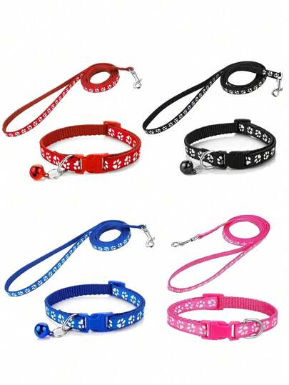 Adorable 1-Piece Cat Collar & Leash Set With Cute Paw Charm - Adjustable Kitten Collar, Soft Pet Necklace For Small Dogs & Cats - Pink & Blue Color Options, Lightweight Pet Accessories, Perfect For Kittens & Puppies, Fashionable Pet Gear, Durable Nylon Leash With Metal Buckle, Paw Print Design Pet Supplies