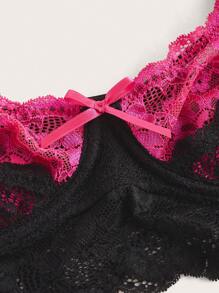 SHEIN ICON Contrast Color Double Layer Lace Cup Bow Decorated Sexy Lingerie Bralette - Hot Pink - View 3