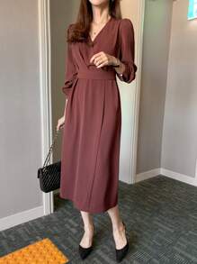 DAZY 法式复古V领优雅高端奢华连衣裙成熟女性秋装长袖连衣裙 - 酒紅色 - 查看 8