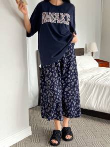 DAZY 2件套女士宽松字母印花睡裙和睡衣套装睡衣 - 藏蓝色 - 查看 7