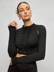 Activina Women Letter Print Ruffle Long Sleeve Cropped Zipper Front Sports Jacket - Black - View 1