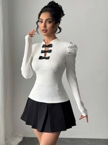 SHEIN Privé 女士优雅简约浪漫精致时尚约会/通勤编织刺绣蝴蝶结立领插肩袖拼色白色修身衬衫，适合秋季、冬季、春季情人节