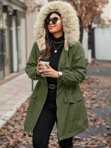 Calvaya Plus Size Women Casual Patchwork Fluffy Hooded Cinched Waist Long Padded Parka Padded Coat, Autumn/Winter