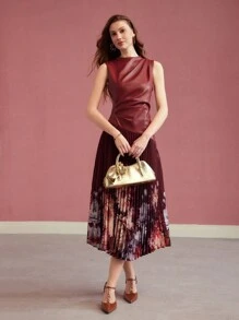 MOTF PREMIUM CONTRAST FLORAL PRINT PLEATED DRESS - Burgundy - View 8