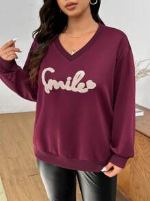SHEIN Frenchy Plus Size Casual College V-Neck Letter Embroidered Pullover Sweatshirt Graduation,Back To School Outfits,Graduation,Teacher Outfits For Women,Back To School
