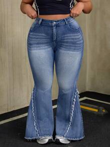 SHEIN CURVE+ 大码休闲水洗磨边修身喇叭腿牛仔裤 - 藍色 - 查看 4