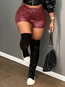 Slaydiva 新款高腰弹力PU皮革口袋修身迷你短裤，性感街头时尚百搭，适合感恩节和冬季穿着 - 酒紅色 - 查看 8