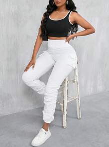 Zolique High Waist Work Pants With 3d Pockets And Elastic Cuffs Fall Cloth For Women - White - View 5