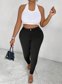 SHEIN CURVE+ Women's Knitted Elastic Slim-Fit Black Pants, Comfortable & Versatile, Suitable For All Seasons, Plus Size - Black - View 6