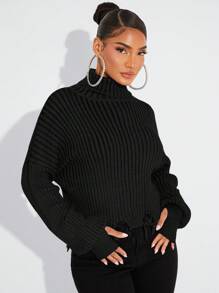 SHEIN SXY 女士纯色高领做旧长袖针织毛衣外出上衣