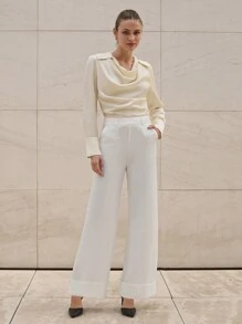 EURMUSE Women's Double Pocket Turnover Hem Pleated Design Straight Leg Casual Elegant Pants - Beige - View 6