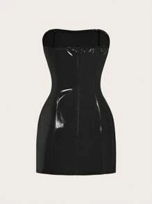 EgrlEra 1pc Lacquered PU Deep Red Sleeveless Mini Bandeau Dress Y2K Outfit Club Outfits Holiday Dress Women 