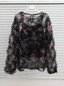 Celure Plus Size Sheer Romantic 3D Floral Print Long Sleeve Blouse