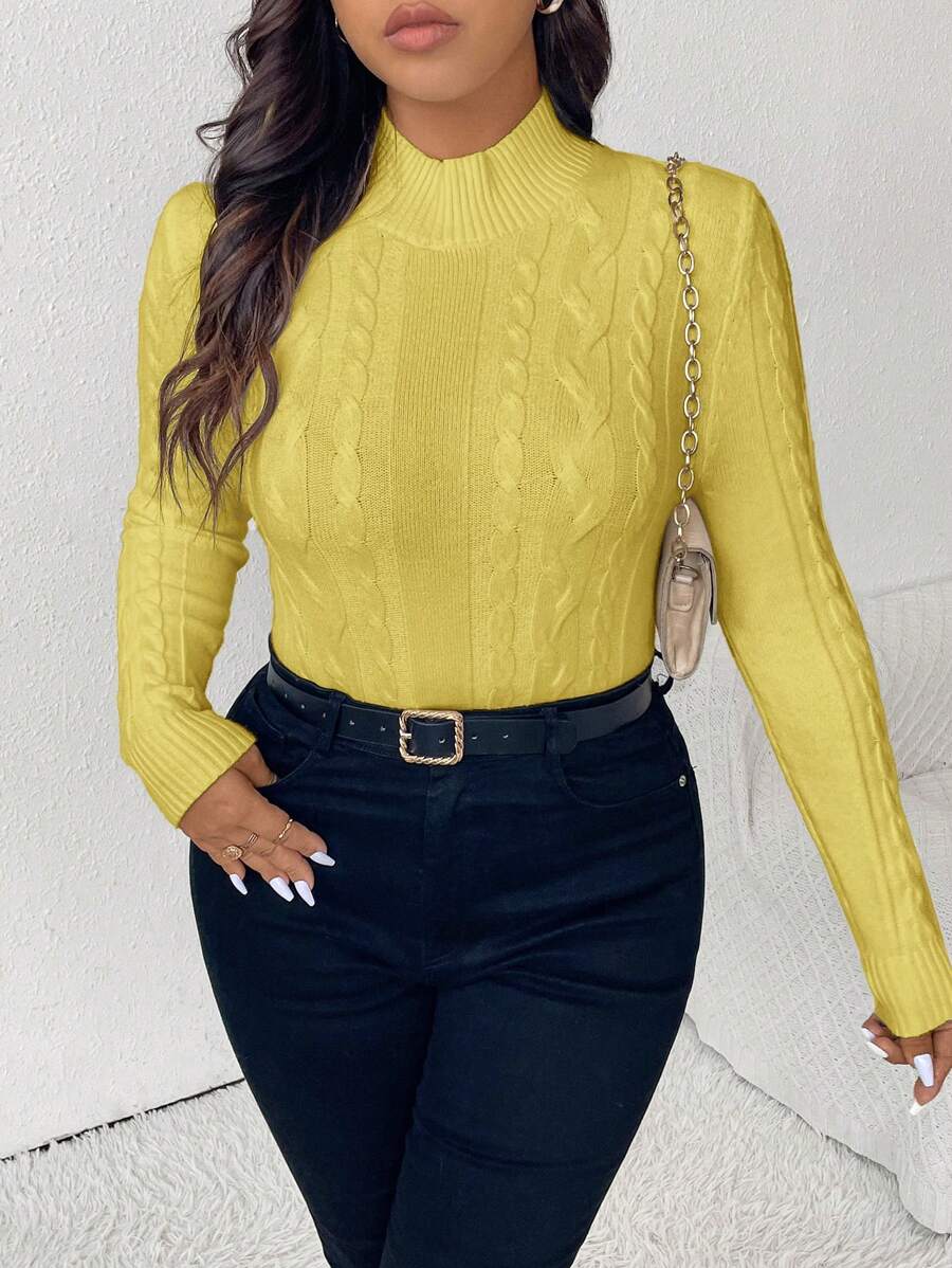 SHEIN Frenchy Plus Size Casual Cable Knit Texture Slim Fit Half Turtleneck Solid Color Pullover Sweater - Yellow - View 1