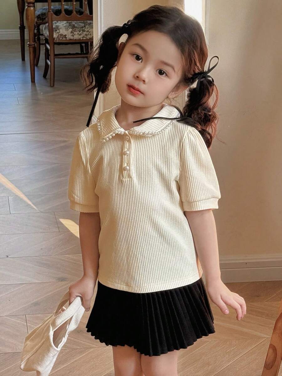 DAZY Young Girl Cute Collar Short Sleeve Knit T-Shirt,Girls Summer Outfits - Beige - View 1