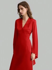 Ontre Women V-Neck Long Sleeve Irregularly Flared Sleeve Dress, Holiday Party Formal Outfit, Long Dress, Cardinal Red, Autumn/Spring - Red - View 1