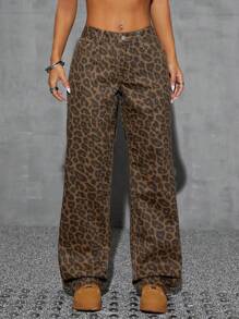 SHEIN ICON 女士豹纹直筒牛仔裤，街头服饰，Y2K 风格 - 彩色 - 查看 1