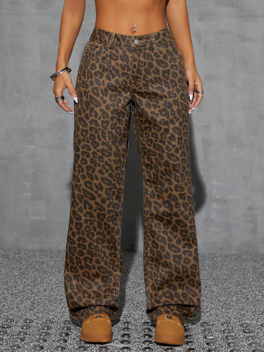 SHEIN ICON 女士豹纹直筒牛仔裤，街头服饰，Y2K 风格 - 彩色 - 查看 1