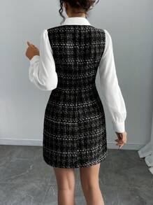 Chiquease Vestido de diseño ajustado con cuello de camisa de manga larga de patchwork de cuadros para mujer - Negro - Ver 2