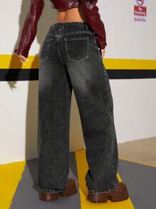 SHEIN ICON Pantalones rectos de mujer en denim desteñido con estampado moteado de bigotes de gato