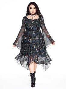 ROMWE Goth 大码不对称下摆哥特式森林蘑菇印花透明喇叭袖低胸休闲海滩度假派对连衣裙 - 黑色 - 查看 2