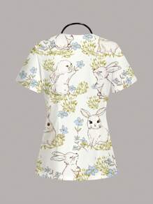 PopScrub Women's Simple Casual Cartoon Rabbit Print Scrub Uniform Top - White - View 2