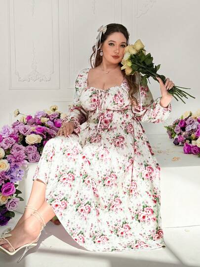 Flirla Romantic French Painting Style Ditsy Floral Square Neck Long Sleeve Dress, Women Autumn Slim Fit Long, Delicate Waist-Accentuated A-Line Dress