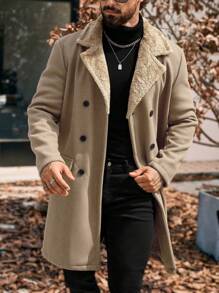 Manfinity Homme 男士纯色双排扣休闲大衣，秋冬，秋季，冬季，Old Money - 卡其色 - 查看 7